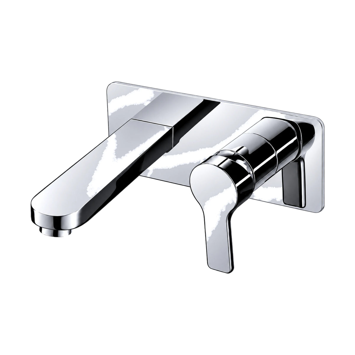 Chrome wall mount bathroom faucet with flat wide spout and curved lever on a rounded-corner backplate — SANIKB DL-01 412-CP