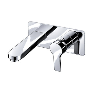 Chrome wall mount bathroom faucet with flat wide spout and curved lever on a rounded-corner backplate — SANIKB DL-01 412-CP
