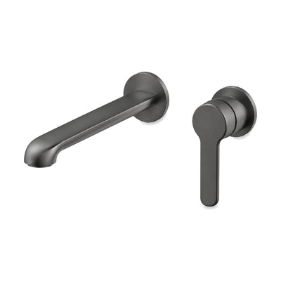 Gunmetal wall mount bathroom faucet with curved tube spout and slim lever — SANIKB B092 28 45 1