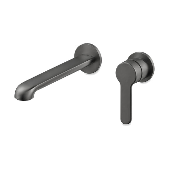 Gunmetal wall mount bathroom faucet with curved tube spout and slim lever — SANIKB B092 28 45 1