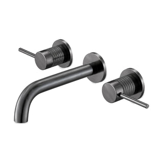 Gun metal grey three-hole wall mount faucet with curved spout between two ribbed valves with pin levers — SANIKB B064 06 45 1