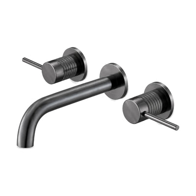 Gun metal grey three-hole wall mount faucet with curved spout between two ribbed valves with pin levers — SANIKB B064 06 45 1