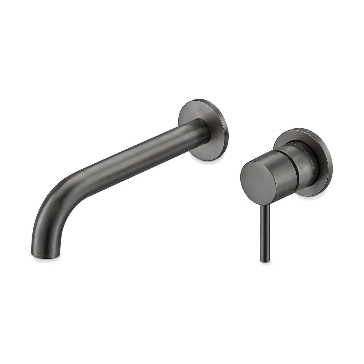 Gun metal grey two-piece wall mount faucet with curved tube spout and textured round valve with pin lever — SANIKB B064 28 45 1