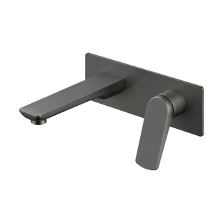 Gun metal grey wall mount basin mixer with flat angular spout and blade lever on rectangular plate — SANIKB B029 28 45 1