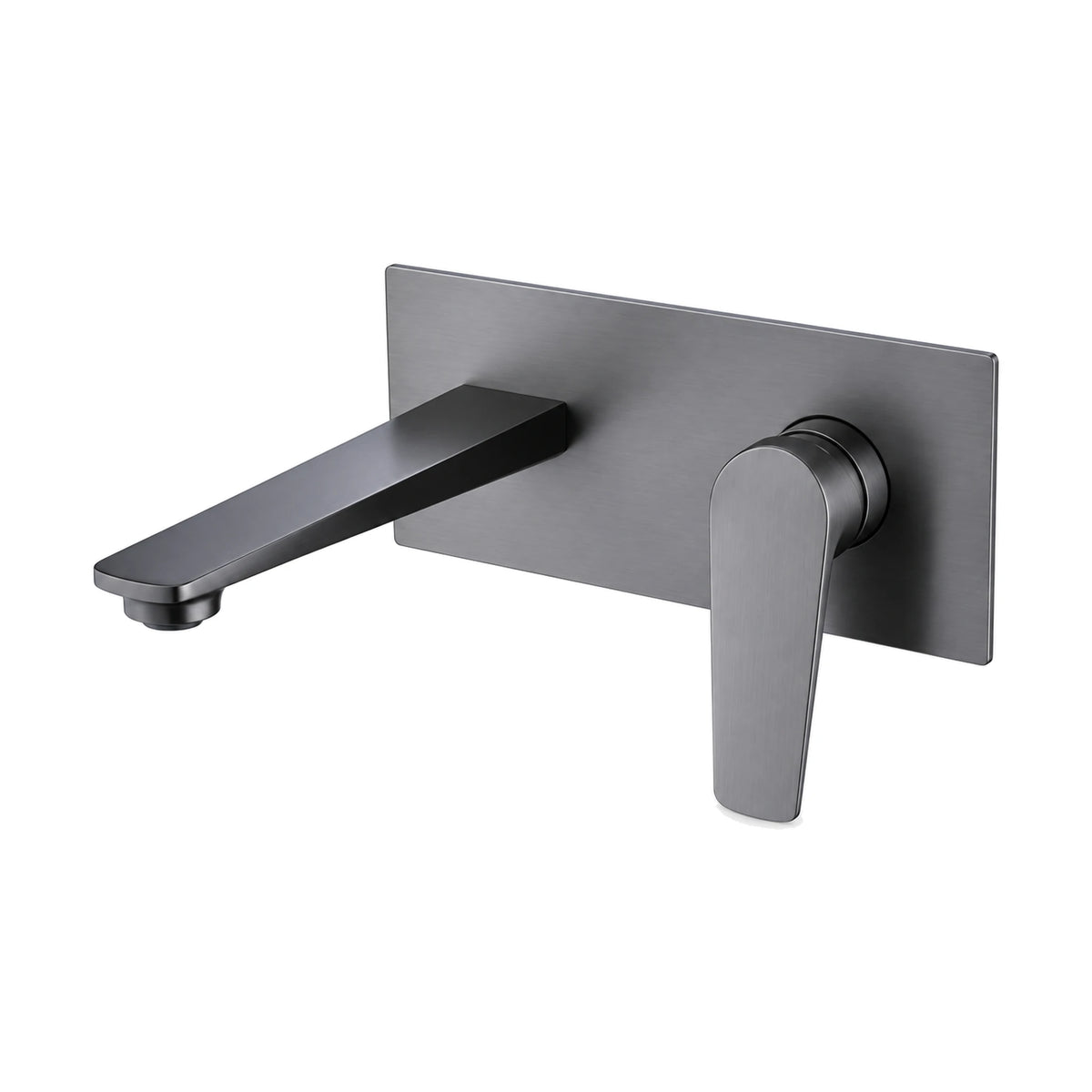 Gun Metal Grey wall mount basin mixer with flat tapered spout and curved blade lever on rectangular backplate — SANIKB DL-01 414-QH