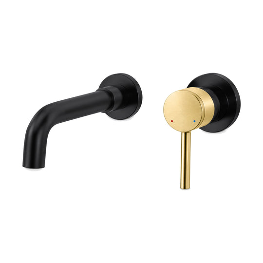 Matte black wall mount bathroom faucet with curved tube spout and brushed gold pin lever on round plate — SANIKB B015 28 47 1