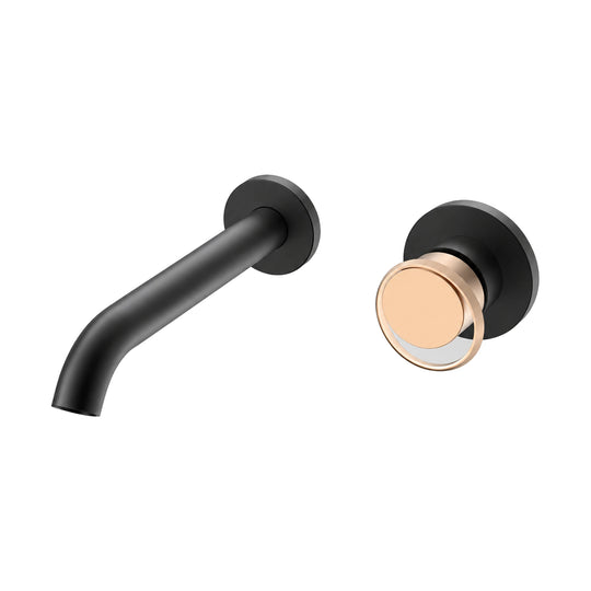Matte black wall mount faucet with curved tube spout and round knob with rose gold knurled ring handle — SANIKB B1004F 28 64 2