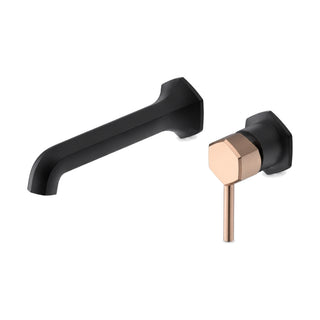 Matte black faceted wall mount faucet with six-sided escutcheon and rose gold hub with pin lever — SANIKB B1026 27 10 1