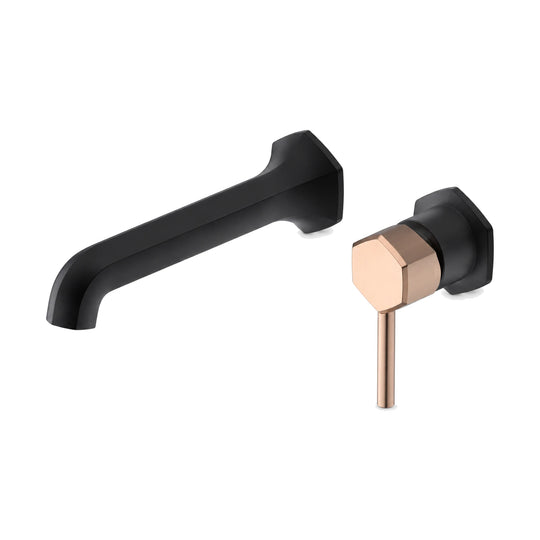 Matte black faceted wall mount faucet with six-sided escutcheon and rose gold hub with pin lever — SANIKB B1026 27 10 1