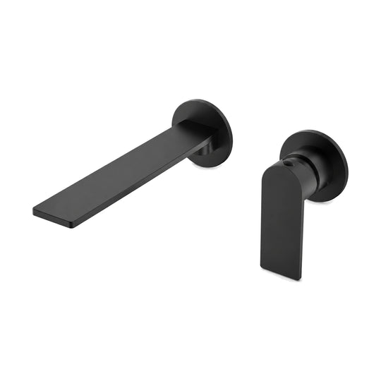 Matte black wall mount bathroom faucet with flat blade spout and curved flat lever — SANIKB B1018 28 31 2