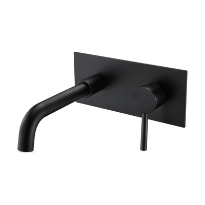 Matte Black — Wall mount bathroom faucet with curved tube spout and round pin lever valve on a rectangular backplate — SANIKB DL-01 411-BK