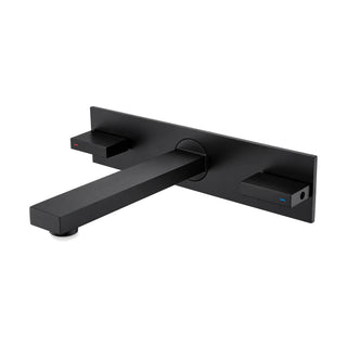 Matte black two-handle wall mount bathroom faucet with square spout on a long rectangular backplate — SANIKB DL-01 413-BK