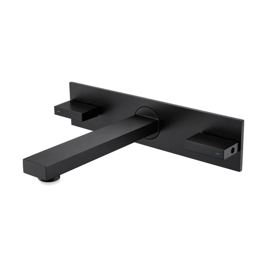 Matte black two-handle wall mount bathroom faucet with square spout on a long rectangular backplate — SANIKB DL-01 413-BK