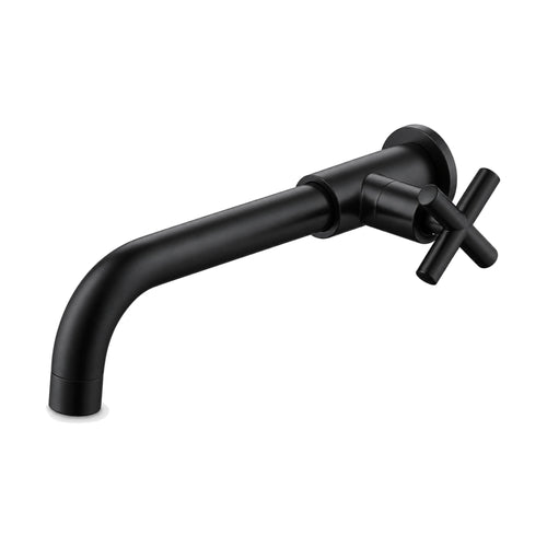 Matte Black — Cold water wall tap with long round tube spout curving down and a cross handle — SANIKB DL-02 311-BK
