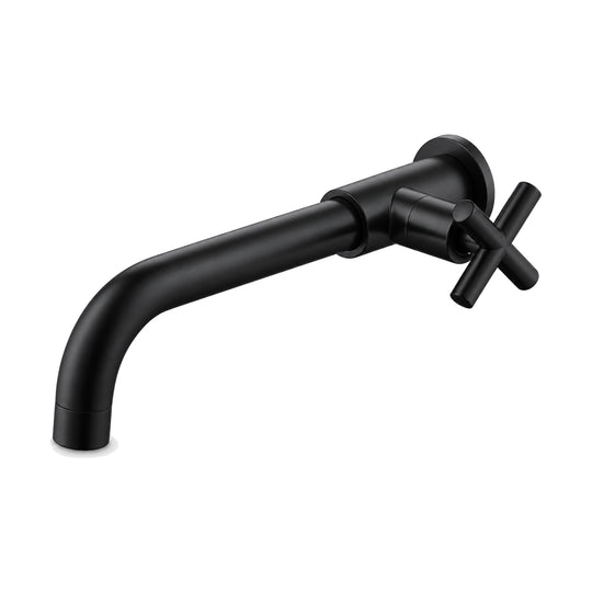 Matte Black — Cold water wall tap with long round tube spout curving down and a cross handle — SANIKB DL-02 311-BK
