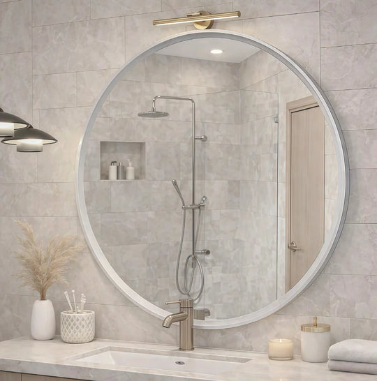 White Frame Round LED Mirror — full product view; CW