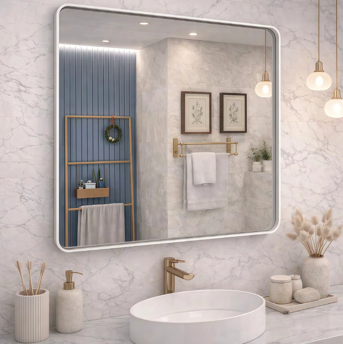 White Frame Rounded Rectangle LED Mirror — catalog detail view; WBR