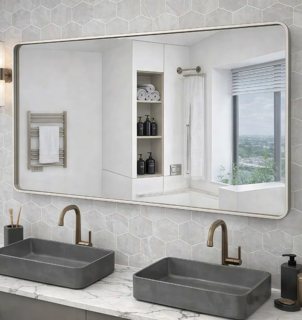 White Frame Rounded Rectangle LED Mirror — full product view; WBR