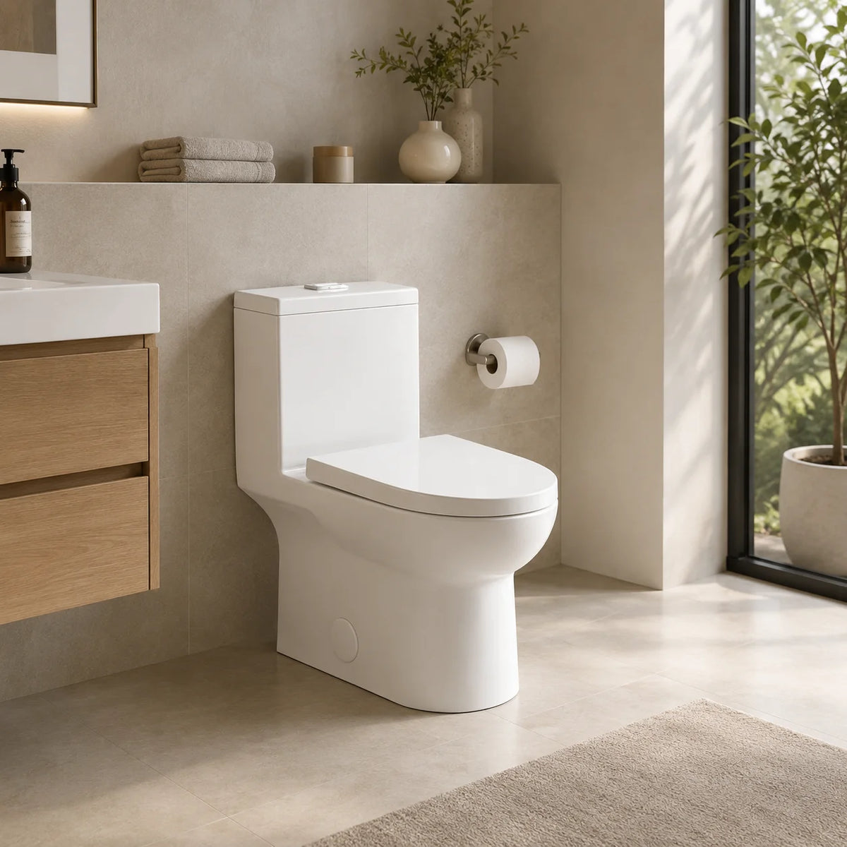 White skirted one-piece dual-flush toilet in a modern bathroom - SANIKB 2022