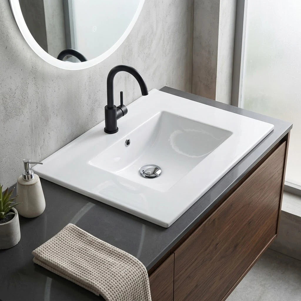 Wide deck rectangular ceramic vanity sink installed in a styled bathroom — lifestyle scene, SANIKB SN1558.