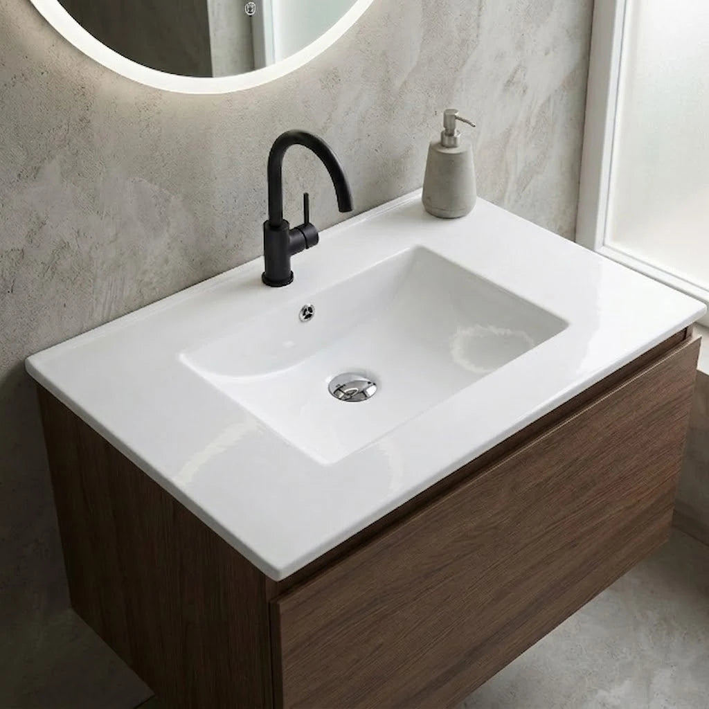 Wide deck rectangular ceramic vanity sink installed in a styled bathroom — lifestyle scene, SANIKB SN1558.