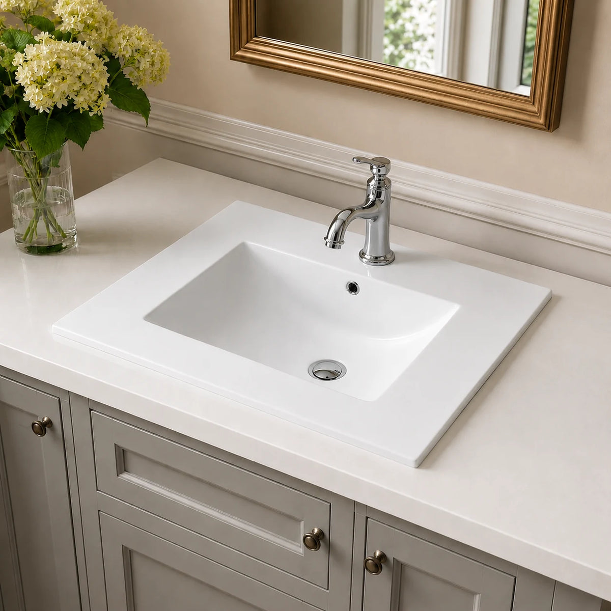 Wide deck rectangular ceramic vanity sink installed in a styled bathroom — lifestyle scene, SANIKB SN1558.
