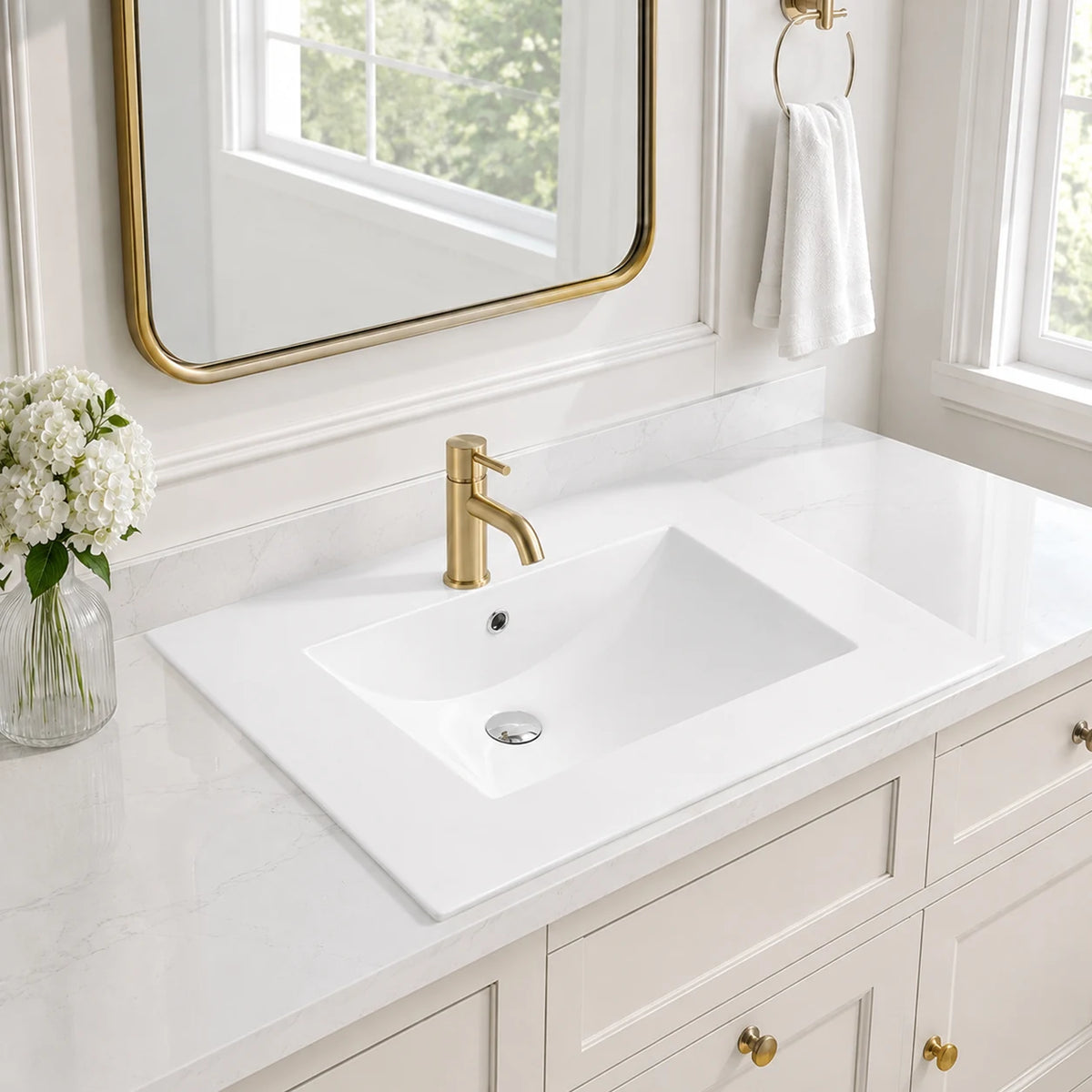 Wide deck rectangular ceramic vanity sink installed in a styled bathroom — lifestyle scene, SANIKB SN1558.