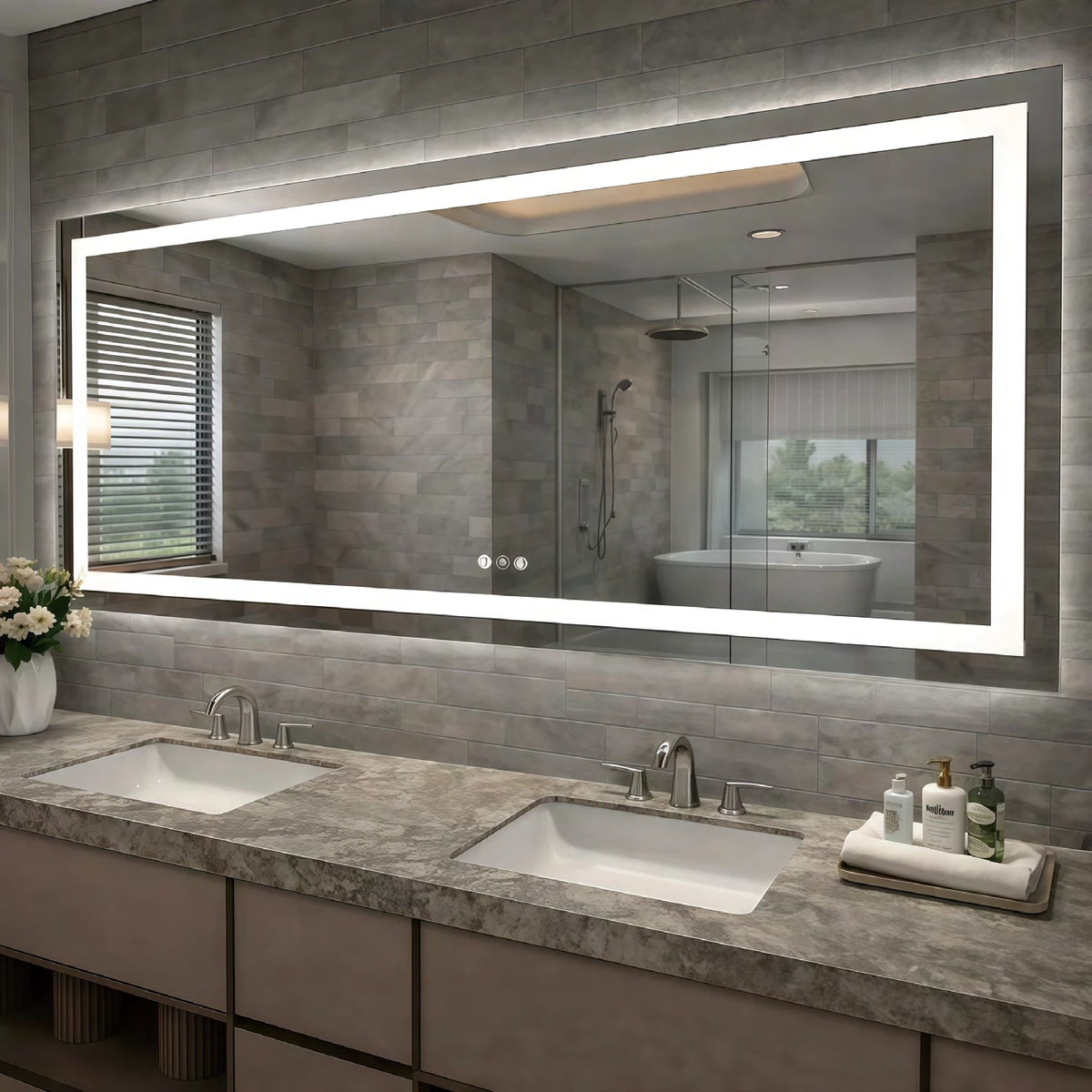 Wide Inset Border Rectangle LED Mirror — catalog detail view; KS006
