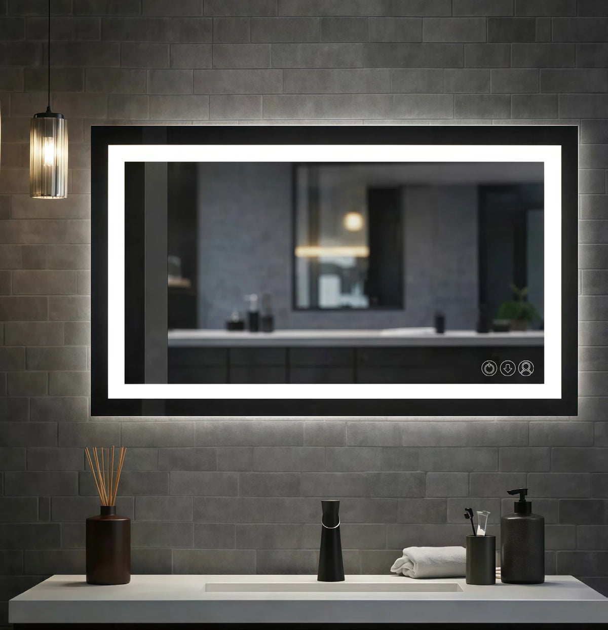 Wide Inset Border Rectangle LED Mirror — full product view; KS006