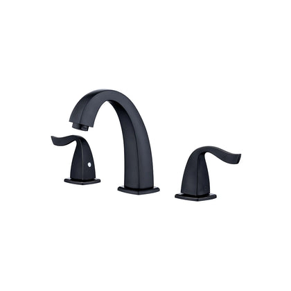 Matte black widespread bathroom faucet, solid brass, high-arc gooseneck spout, curved levers — SANIKB FYF-01303.