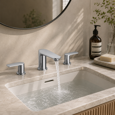 Brass widespread bathroom faucet on a vanity countertop scene | SANIKB OEM/ODM FYF-01003
