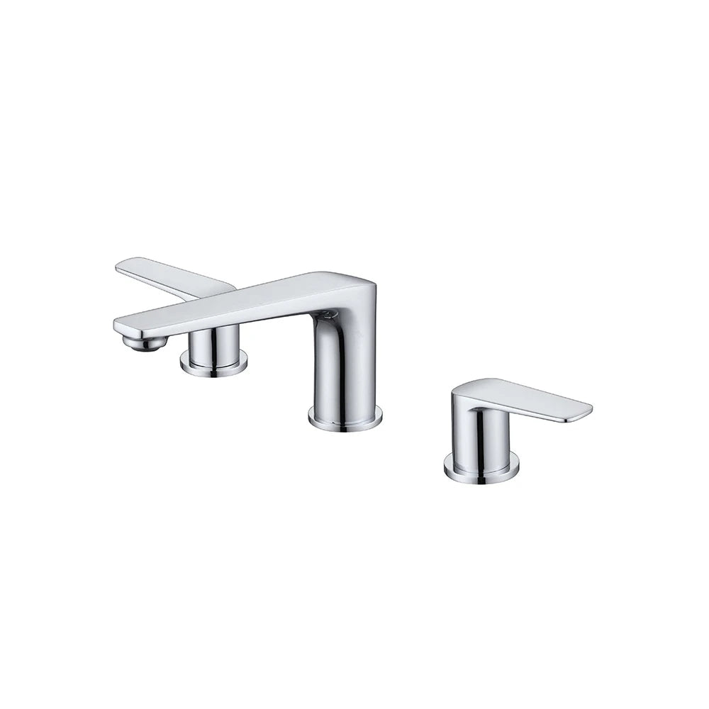 Polished chrome widespread bathroom faucet, solid brass, two lever handles, low rounded spout — SANIKB FYF-01003.