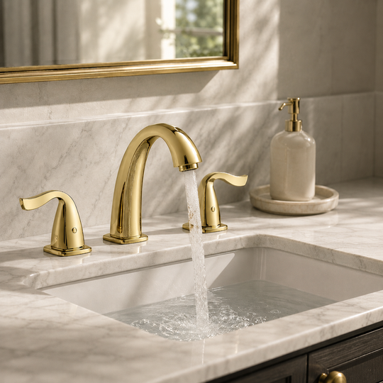 Brass widespread bathroom faucet on a vanity countertop scene | SANIKB OEM/ODM FYF-01303