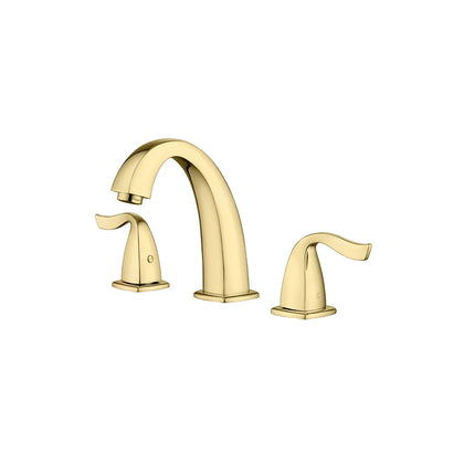 Brushed gold widespread bathroom faucet, solid brass, arched gooseneck spout and lever handles — SANIKB FYF-01303.