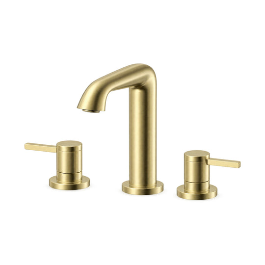 Brushed gold three-hole widespread bathroom faucet with curved flared-tip spout and two pin lever handles — SANIKB B1006 04 43 1