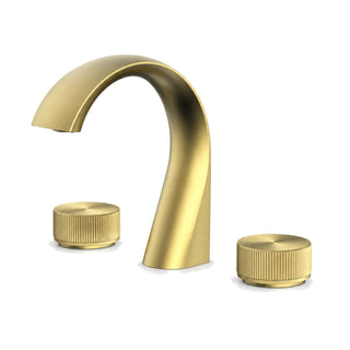 Brushed gold widespread bathroom faucet with sculpted high arched spout and two knurled round knob handles — SANIKB B030 04 43 1