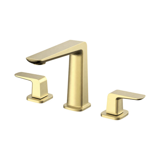 Brushed gold widespread bathroom faucet with tapered column, flat blade spout and two flat levers — SANIKB B1007 04 43 1