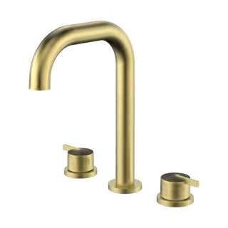 Brushed gold widespread bathroom faucet with squared inverted-U tube spout and two short pin lever handles — SANIKB B1016 04 43 1