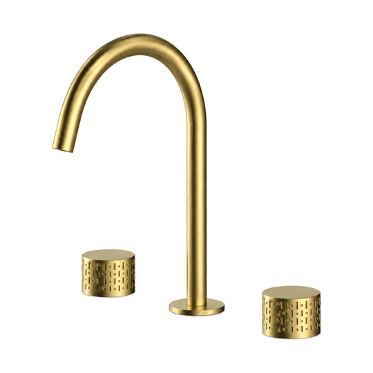 Brushed gold widespread bathroom faucet with high C-shaped gooseneck spout and two dimple-knurled knobs — SANIKB B056C 04 43 1