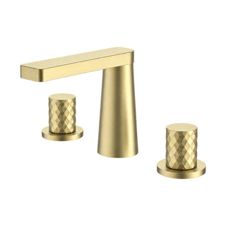 Brushed gold widespread bathroom faucet with conical column, flat spout and two diamond-knurled knobs — SANIKB B099G 04 43 1