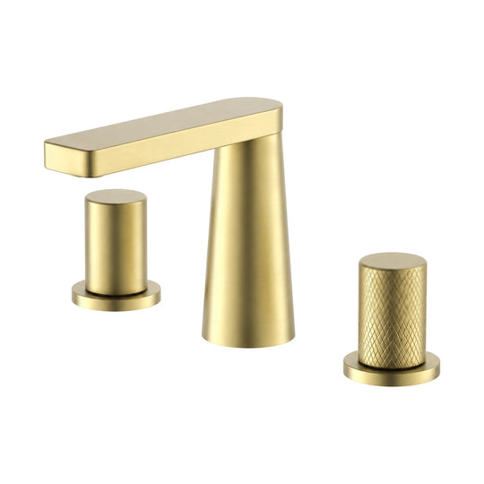 Brushed gold widespread bathroom faucet with conical column, flat spout and two smooth cylindrical knobs — SANIKB B099 04 43 1