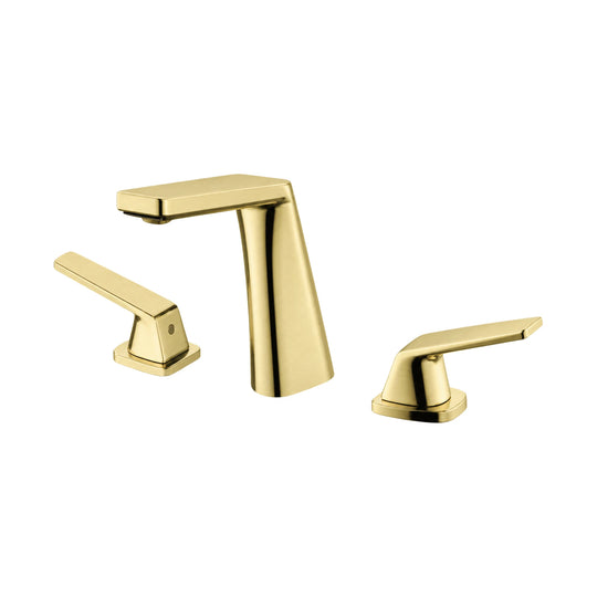 Brushed gold widespread bathroom faucet with tapered angular faceted spout and two angular lever handles — SANIKB B625 04 43 1