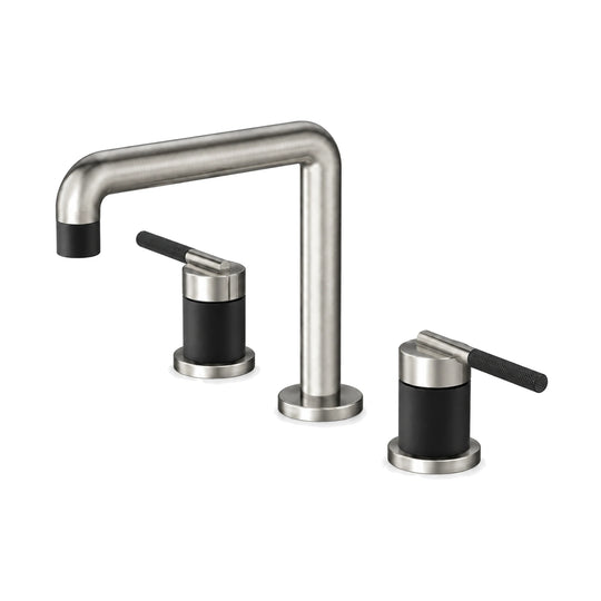 Brushed nickel widespread bathroom faucet with squared tube spout and matte black sleeved lever handles — SANIKB B743 04 63 1
