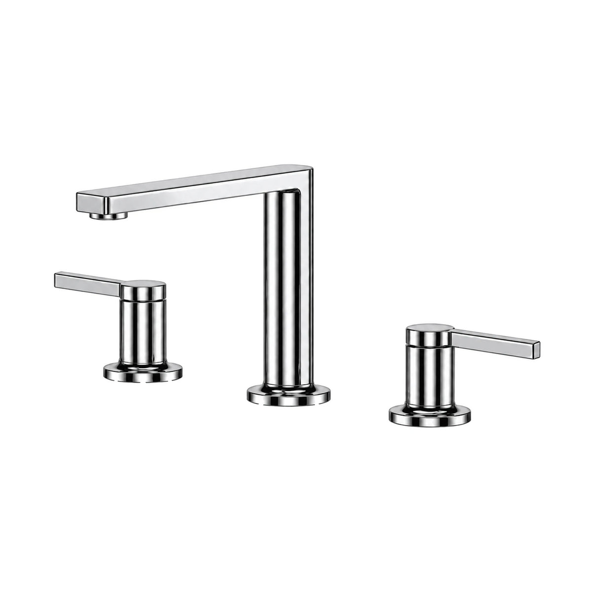 Chrome widespread bathroom faucet with slim round riser, flat rectangular spout and two thin flat levers — SANIKB B068 04 01 1