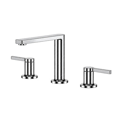 Chrome widespread bathroom faucet with slim round riser, flat rectangular spout and two thin flat levers — SANIKB B068 04 01 1