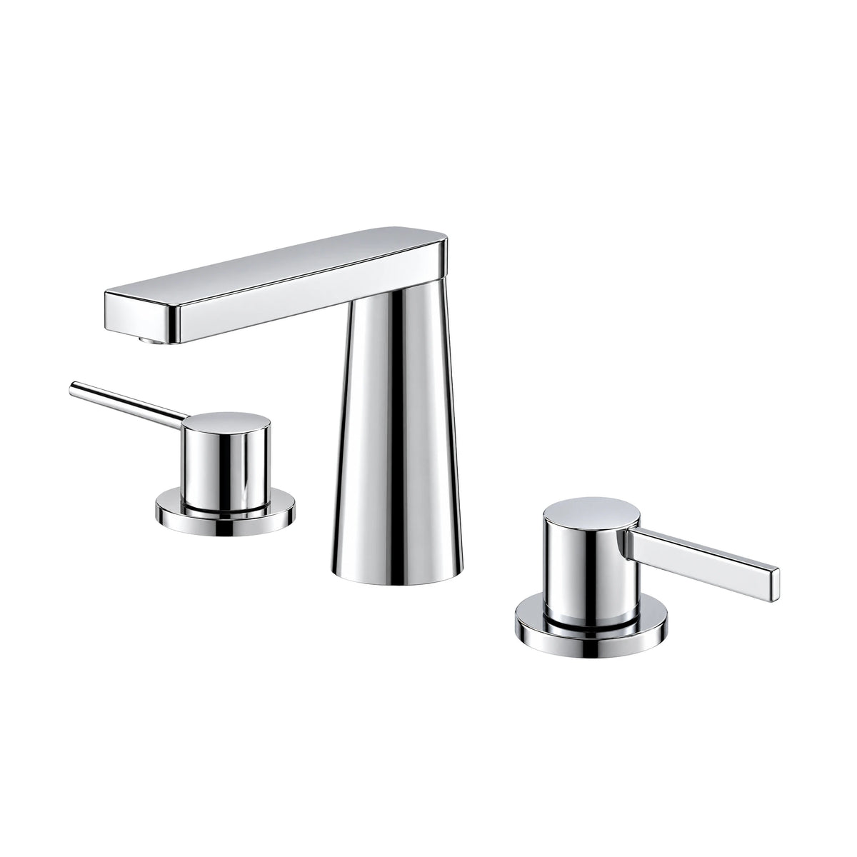Chrome widespread bathroom faucet with conical column, flat rectangular spout and two slim lever handles — SANIKB B099C 04 01 1
