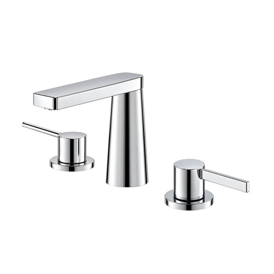 Chrome widespread bathroom faucet with conical column, flat rectangular spout and two slim lever handles — SANIKB B099C 04 01 1