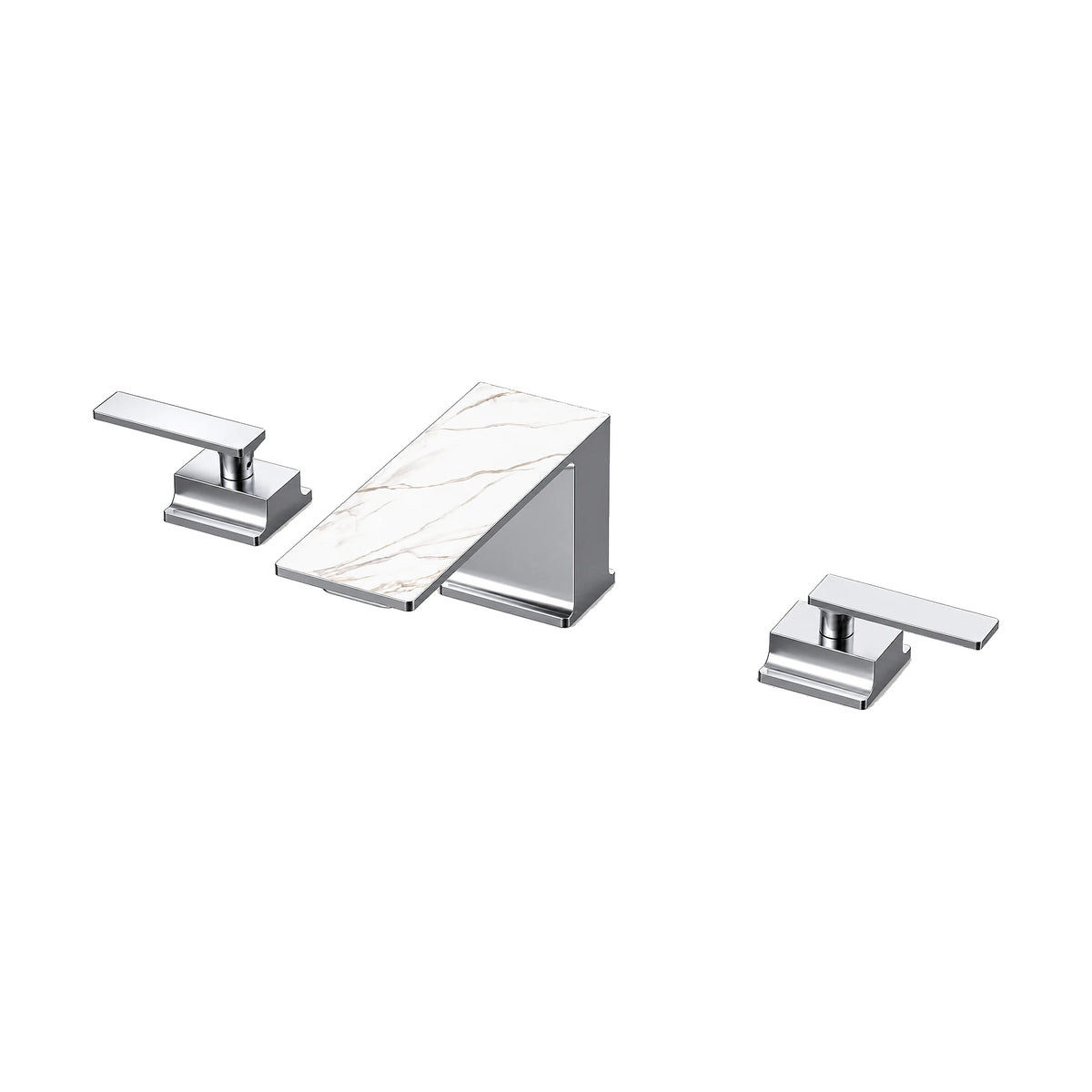 Chrome — Widespread bathroom faucet with wedge-shaped marble-pattern spout and two flat levers on square bases — SANIKB DL-01 300-CP