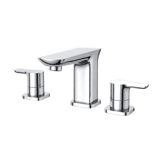 Chrome widespread bathroom faucet with wide flat spout and two flat lever handles on square bases — SANIKB DL-01 318-CP