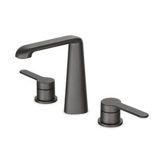 Gun metal grey widespread bathroom faucet with tapered column, curved flat spout and two slim levers — SANIKB B092 04 45 1